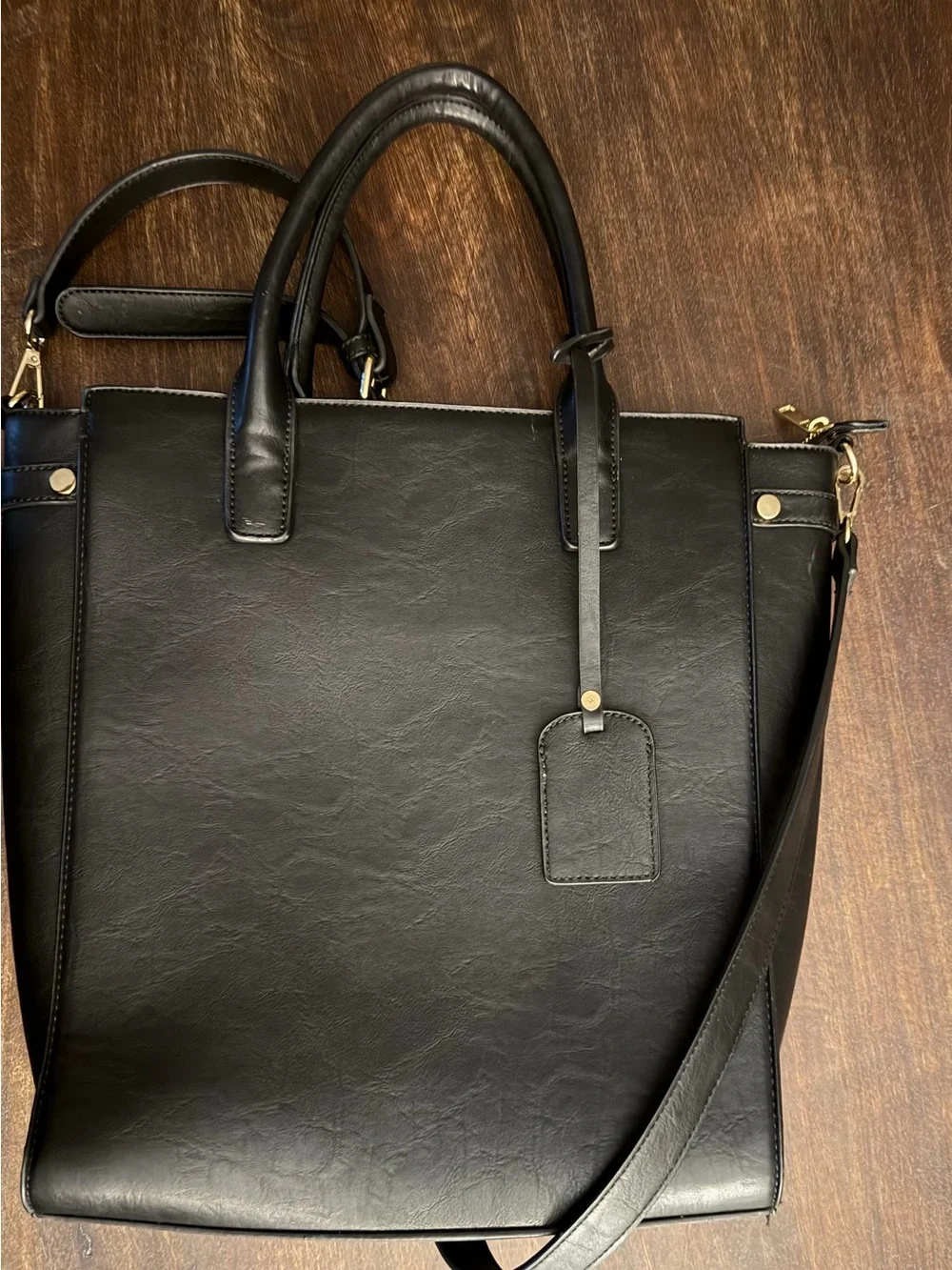 Black Faux Leather Vertical Work Tote Briefcase Crossbody Bag 16x14